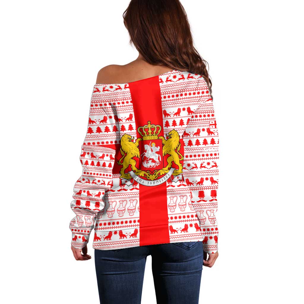 Georgia Christmas Off Shoulder Sweater with Santa in Chokha Wine Barrel Gingerbread and Coat of Arms Design - Wonder Print Shop