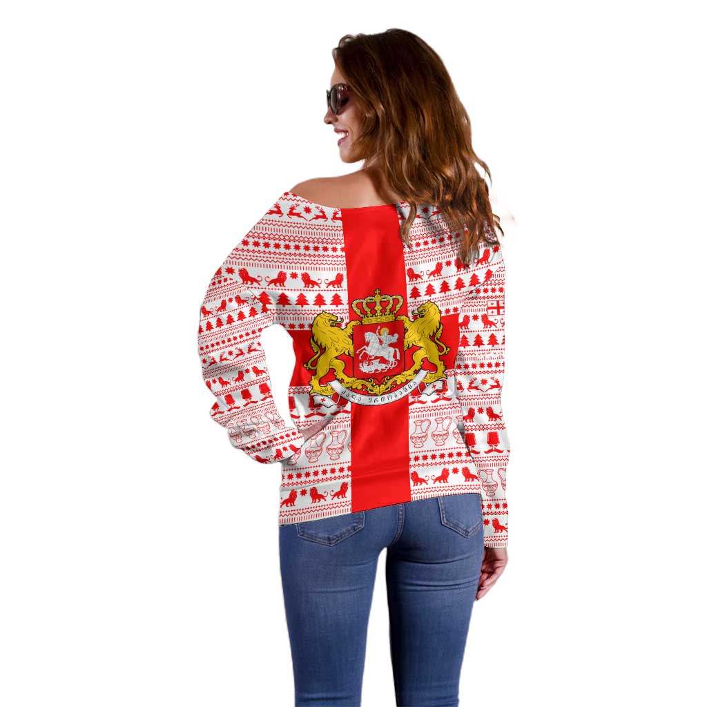 Georgia Christmas Off Shoulder Sweater with Santa in Chokha Wine Barrel Gingerbread and Coat of Arms Design - Wonder Print Shop