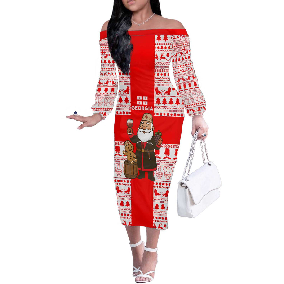 Georgia Christmas Off The Shoulder Long Sleeve Dress with Santa in Chokha Wine Barrel Gingerbread and Coat of Arms Design - Wonder Print Shop