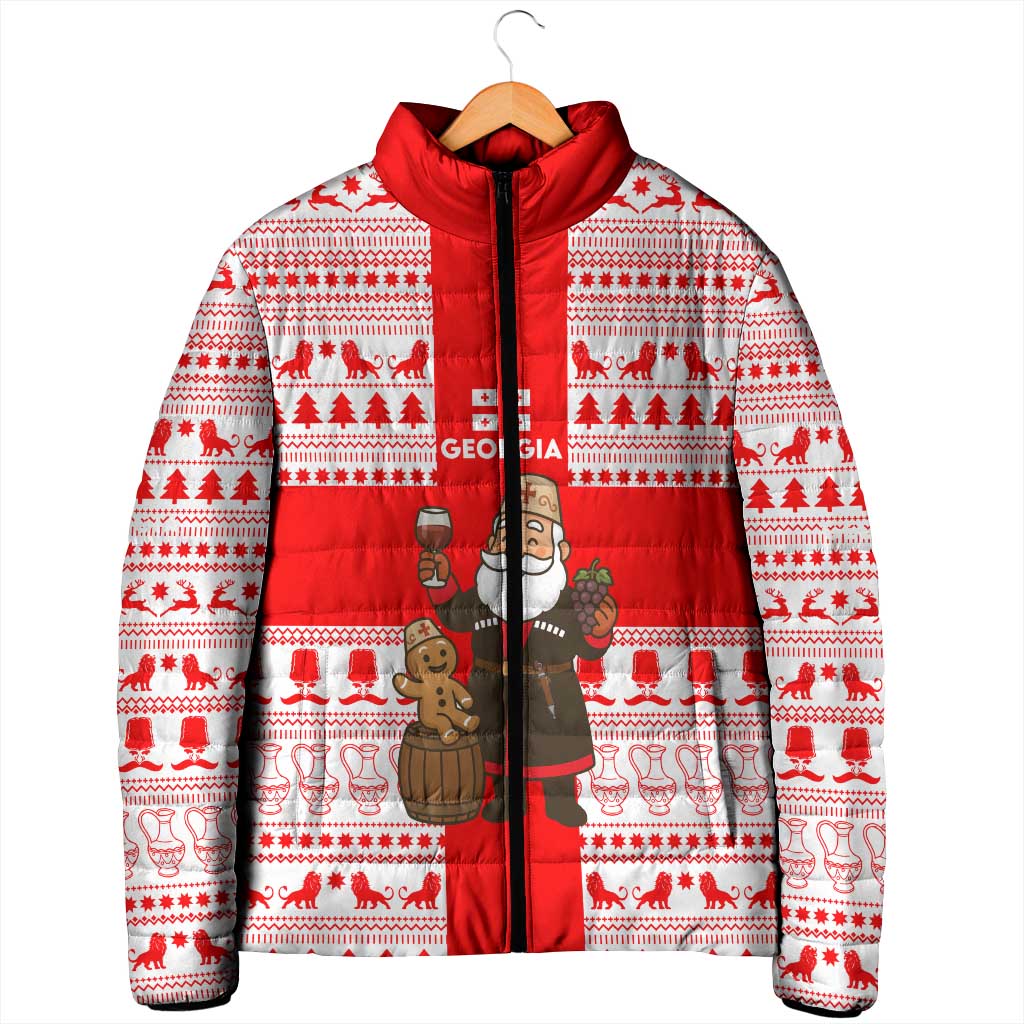 Georgia Christmas Padded Jacket with Santa in Chokha Wine Barrel Gingerbread and Coat of Arms Design - Wonder Print Shop