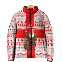 Georgia Christmas Padded Jacket with Santa in Chokha Wine Barrel Gingerbread and Coat of Arms Design - Wonder Print Shop