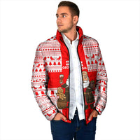 Georgia Christmas Padded Jacket with Santa in Chokha Wine Barrel Gingerbread and Coat of Arms Design - Wonder Print Shop