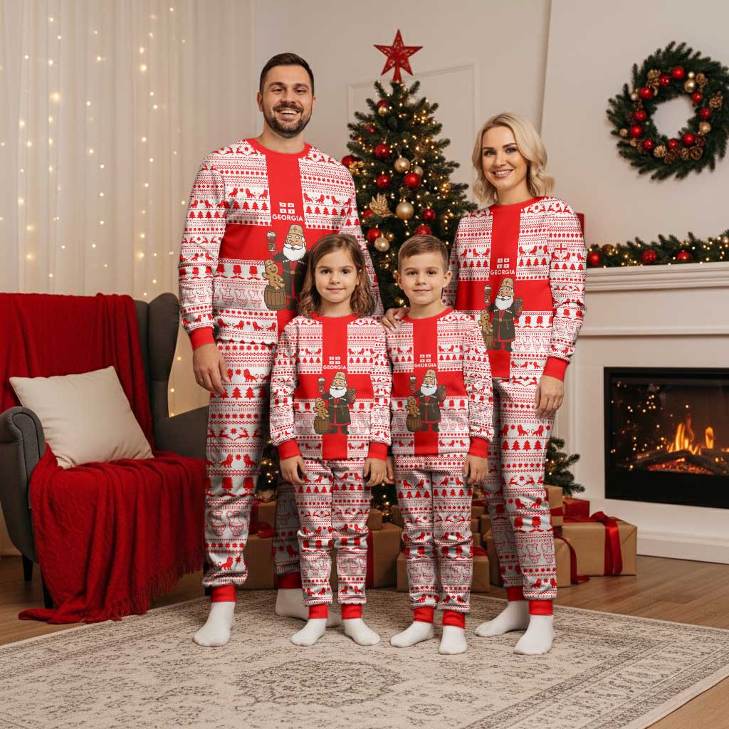 Georgia Christmas Pajama Set with Santa in Chokha Wine Barrel Gingerbread and Coat of Arms Design - Wonder Print Shop