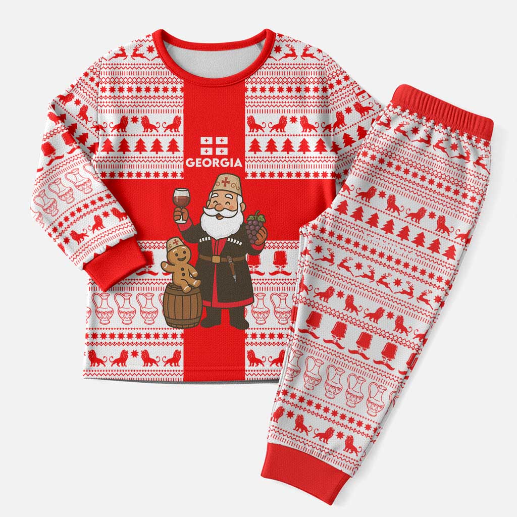 Georgia Christmas Pajama Set with Santa in Chokha Wine Barrel Gingerbread and Coat of Arms Design - Wonder Print Shop