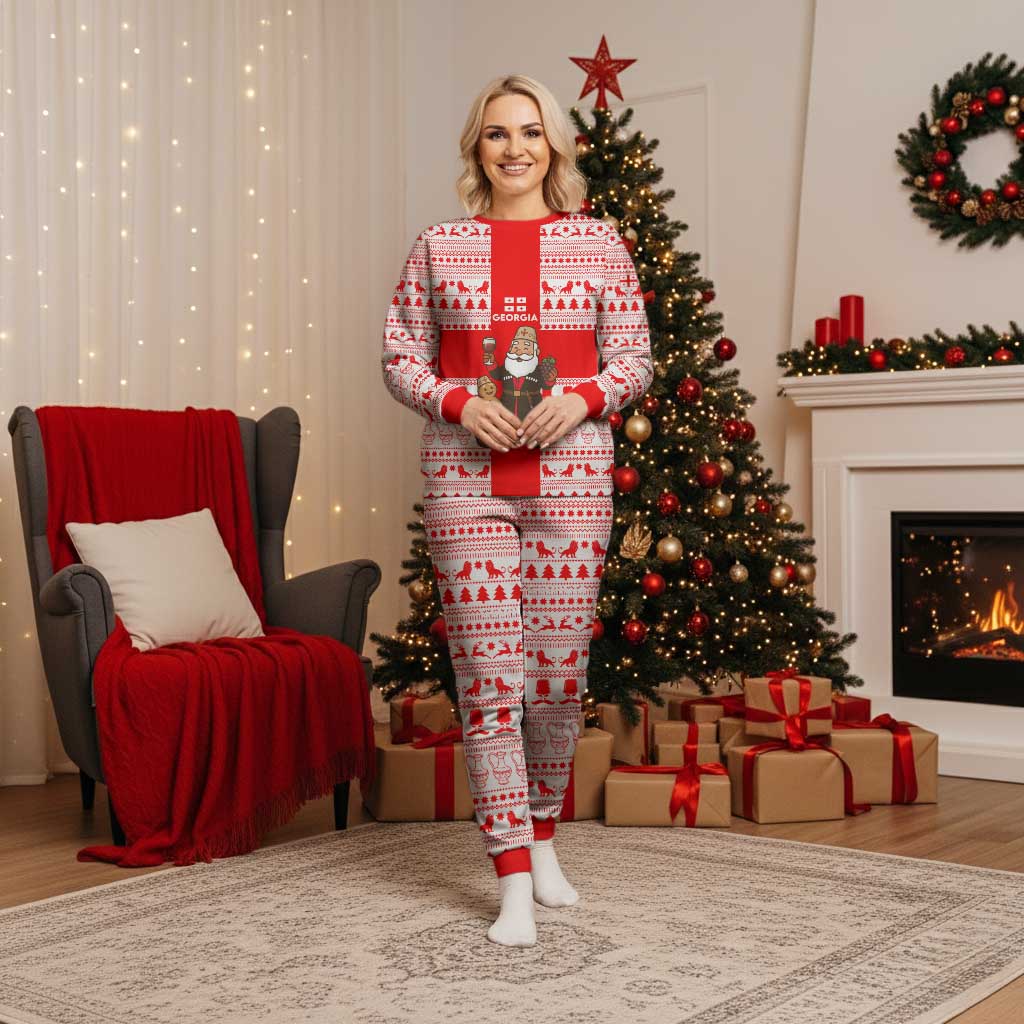 Georgia Christmas Pajama Set with Santa in Chokha Wine Barrel Gingerbread and Coat of Arms Design - Wonder Print Shop