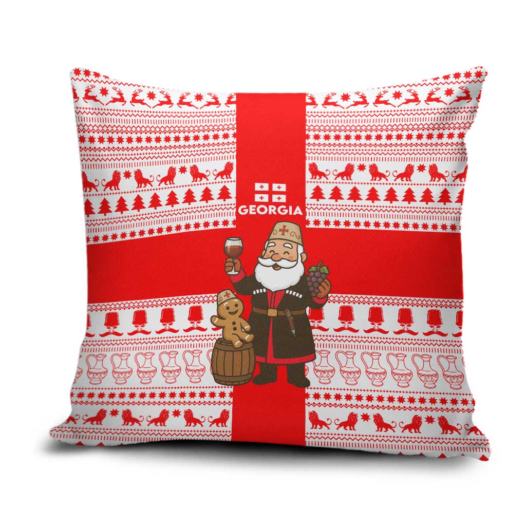 Georgia Christmas Pillow Cover with Santa in Chokha Wine Barrel Gingerbread and Coat of Arms Design - Wonder Print Shop