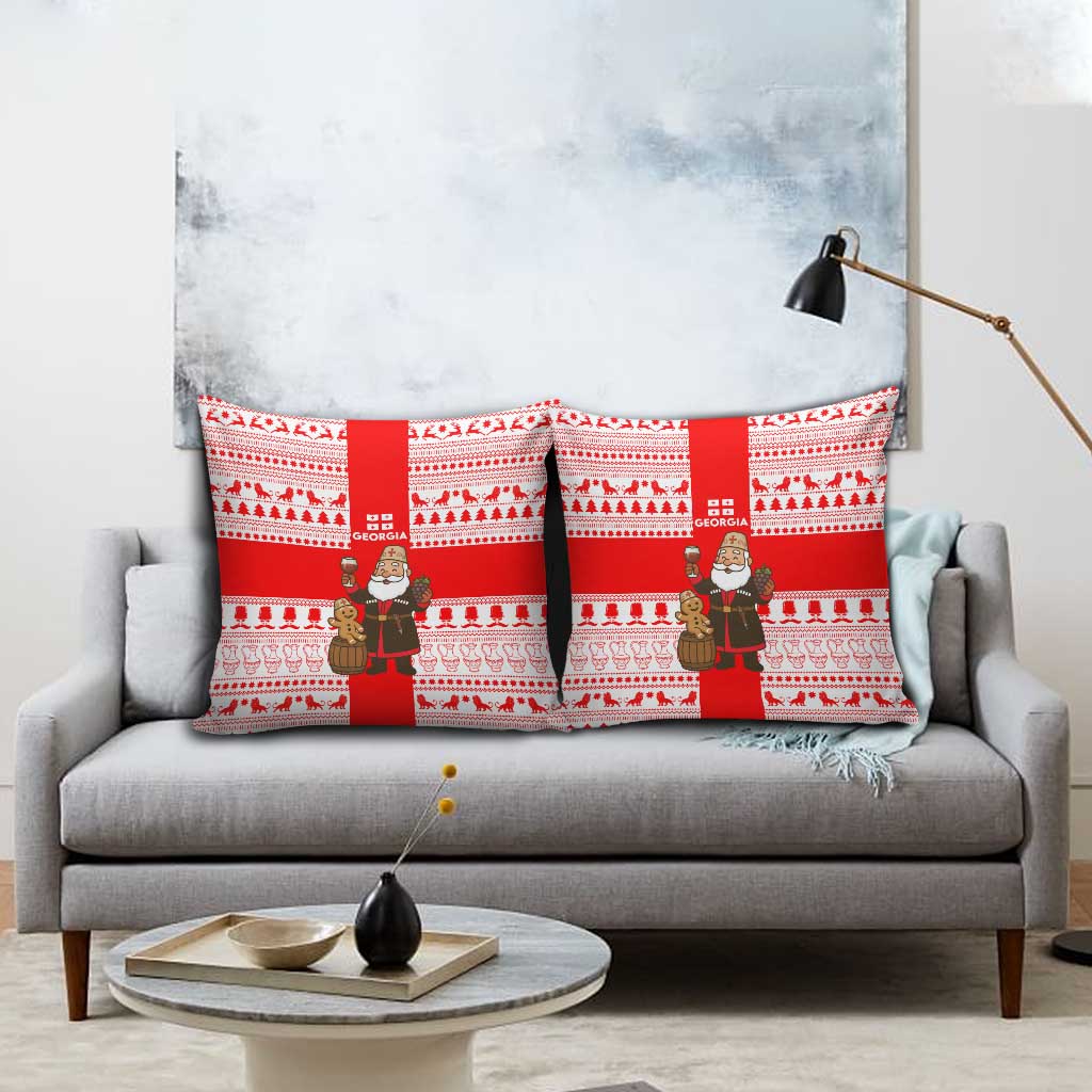 Georgia Christmas Pillow Cover with Santa in Chokha Wine Barrel Gingerbread and Coat of Arms Design - Wonder Print Shop