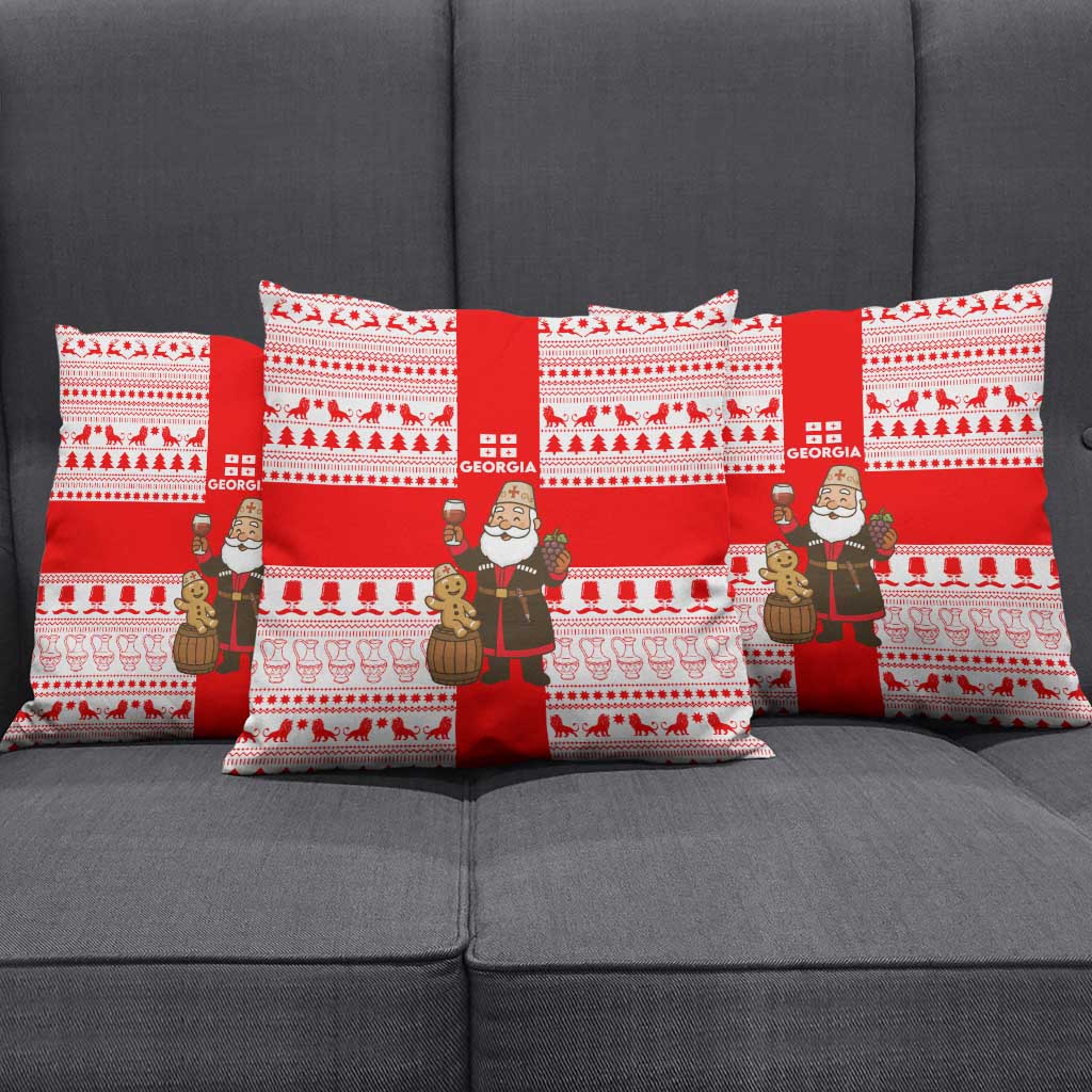 Georgia Christmas Pillow Cover with Santa in Chokha Wine Barrel Gingerbread and Coat of Arms Design - Wonder Print Shop