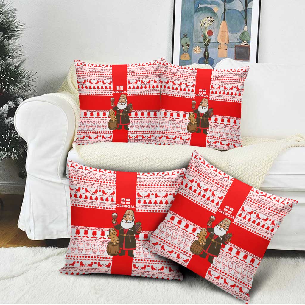 Georgia Christmas Pillow Cover with Santa in Chokha Wine Barrel Gingerbread and Coat of Arms Design - Wonder Print Shop