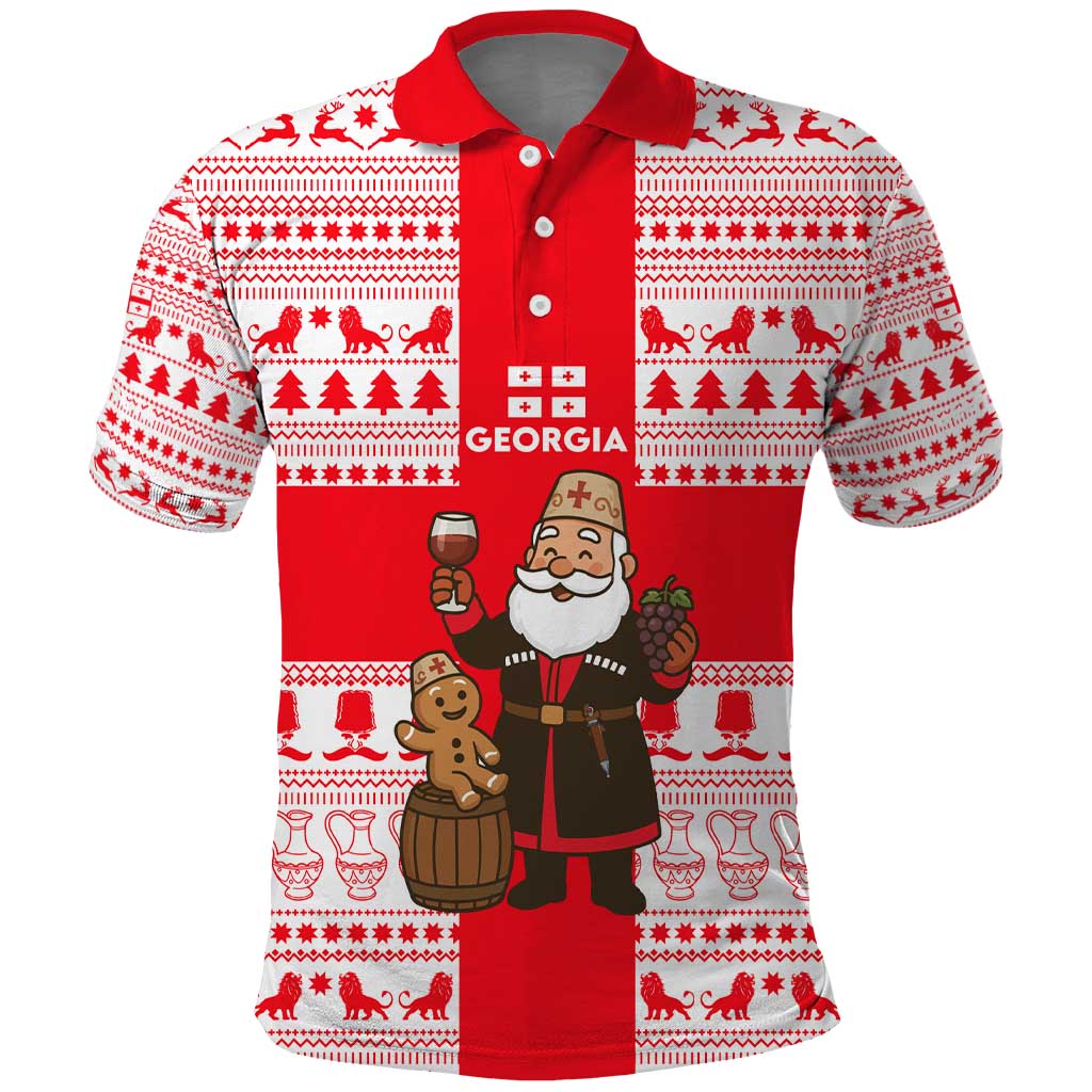 Georgia Christmas Polo Shirt with Santa in Chokha Wine Barrel Gingerbread and Coat of Arms Design - Wonder Print Shop