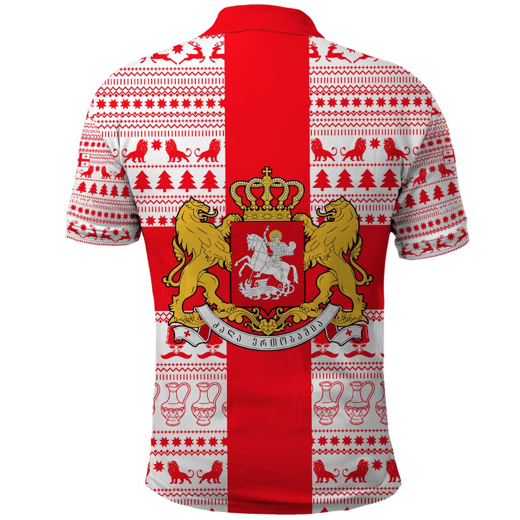 Georgia Christmas Polo Shirt with Santa in Chokha Wine Barrel Gingerbread and Coat of Arms Design - Wonder Print Shop