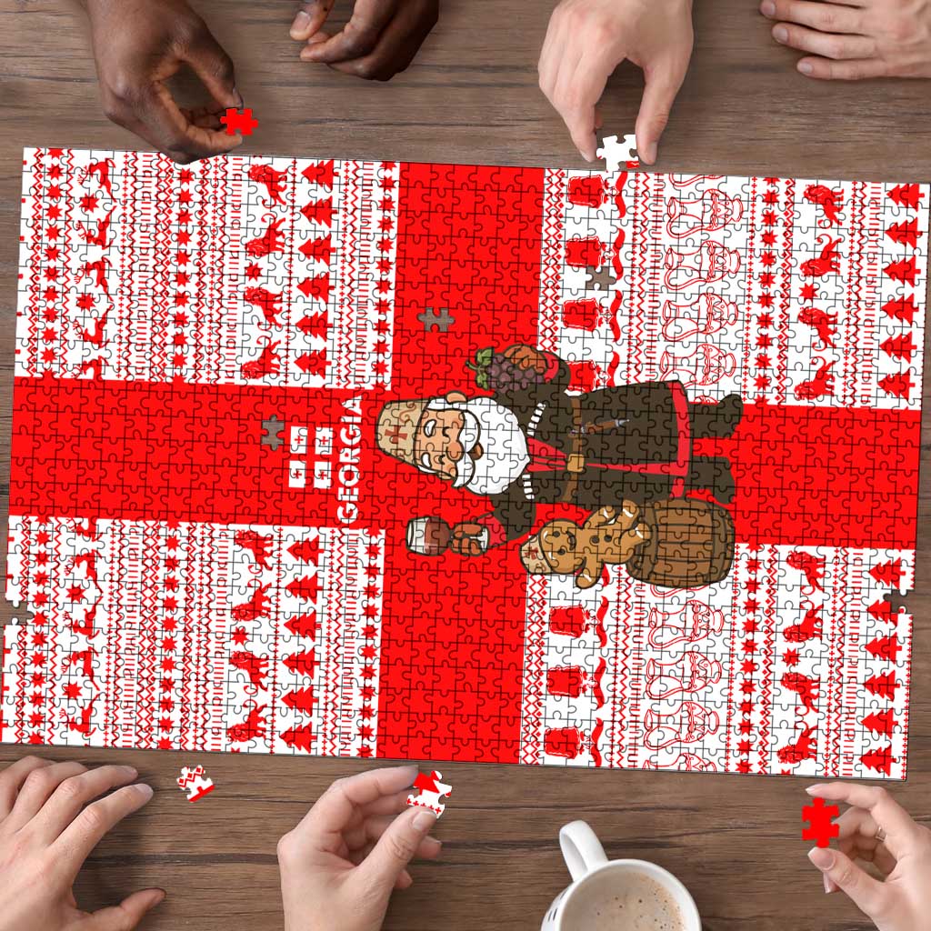 Georgia Christmas Puzzle with Santa in Chokha Wine Barrel Gingerbread and Coat of Arms Design - Wonder Print Shop
