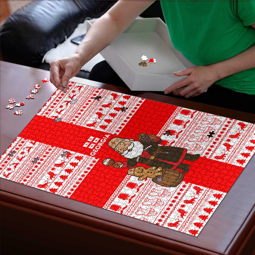 Georgia Christmas Puzzle with Santa in Chokha Wine Barrel Gingerbread and Coat of Arms Design - Wonder Print Shop