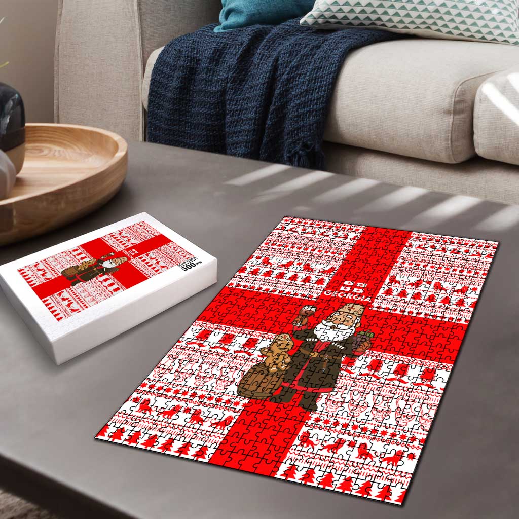 Georgia Christmas Puzzle with Santa in Chokha Wine Barrel Gingerbread and Coat of Arms Design - Wonder Print Shop