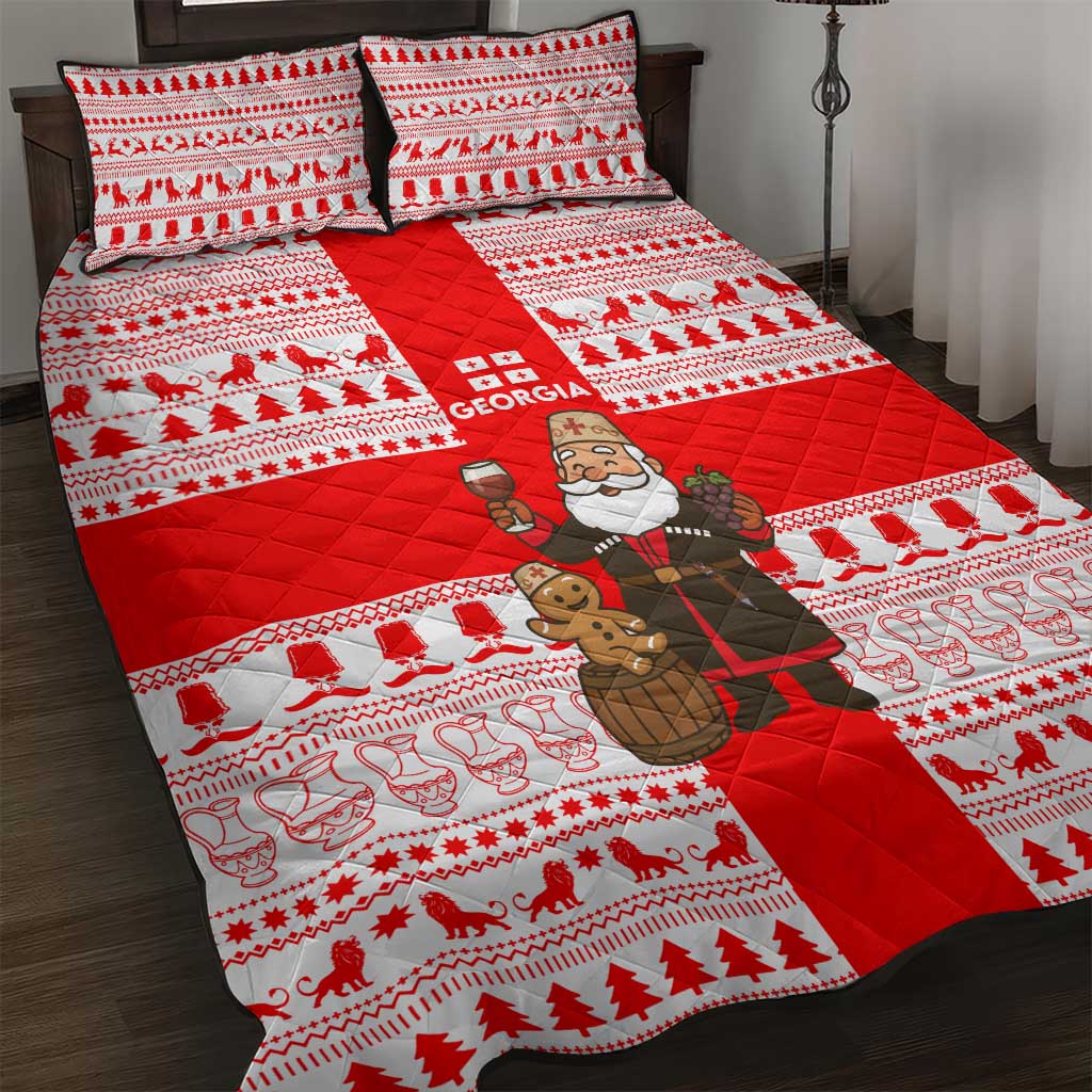 Georgia Christmas Quilt Bed Set with Santa in Chokha Wine Barrel Gingerbread and Coat of Arms Design - Wonder Print Shop