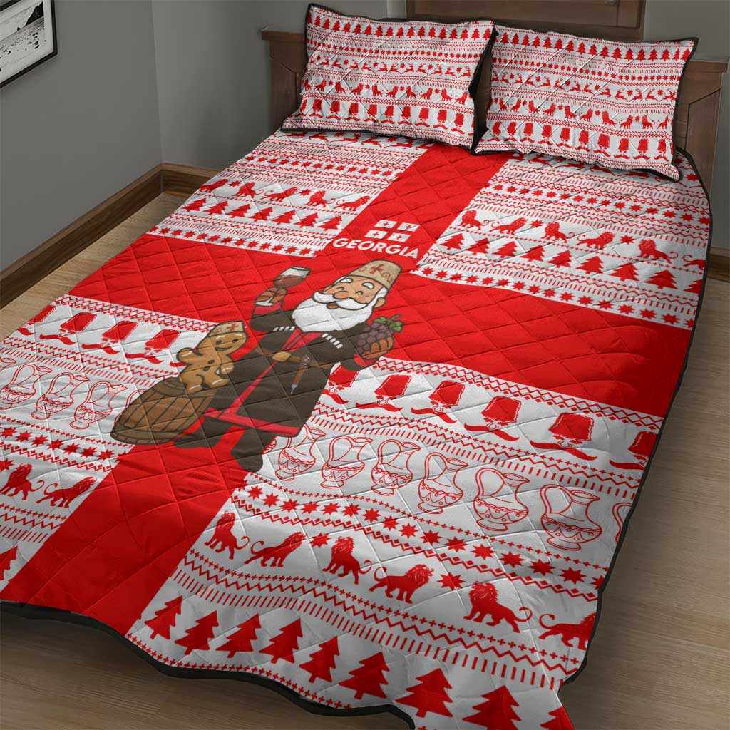 Georgia Christmas Quilt Bed Set with Santa in Chokha Wine Barrel Gingerbread and Coat of Arms Design - Wonder Print Shop