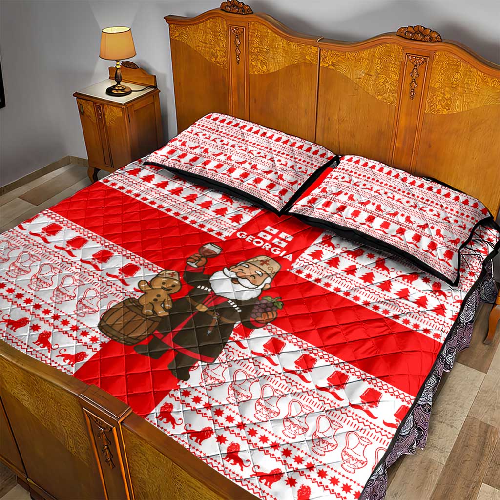 Georgia Christmas Quilt Bed Set with Santa in Chokha Wine Barrel Gingerbread and Coat of Arms Design - Wonder Print Shop