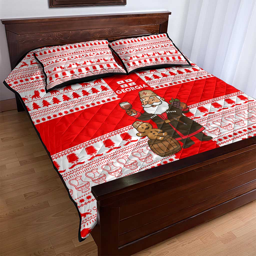 Georgia Christmas Quilt Bed Set with Santa in Chokha Wine Barrel Gingerbread and Coat of Arms Design - Wonder Print Shop
