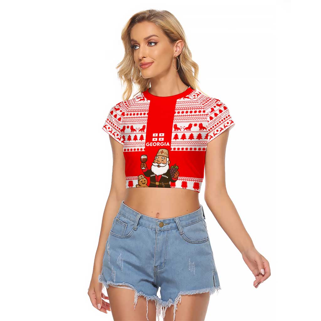 Georgia Christmas Raglan Cropped T Shirt with Santa in Chokha Wine Barrel Gingerbread and Coat of Arms Design - Wonder Print Shop