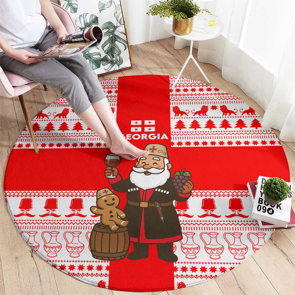Georgia Christmas Round Carpet with Santa in Chokha Wine Barrel Gingerbread and Coat of Arms Design - Wonder Print Shop