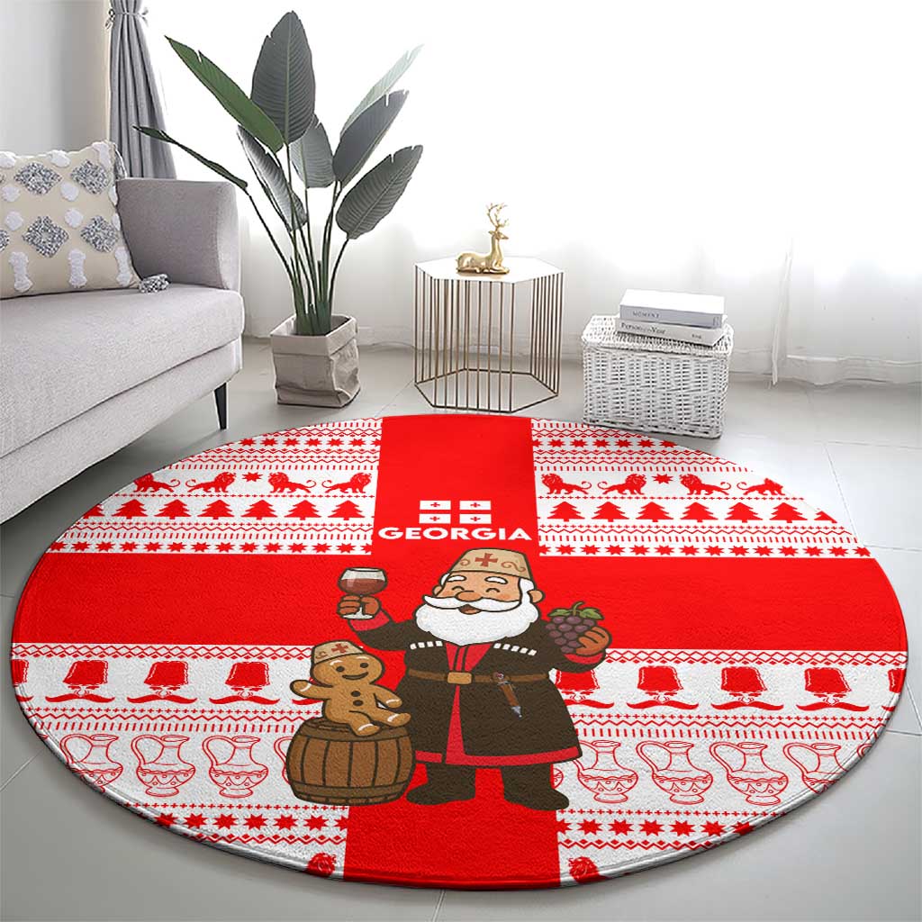 Georgia Christmas Round Carpet with Santa in Chokha Wine Barrel Gingerbread and Coat of Arms Design - Wonder Print Shop