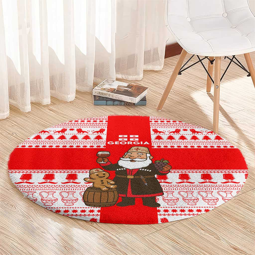 Georgia Christmas Round Carpet with Santa in Chokha Wine Barrel Gingerbread and Coat of Arms Design - Wonder Print Shop