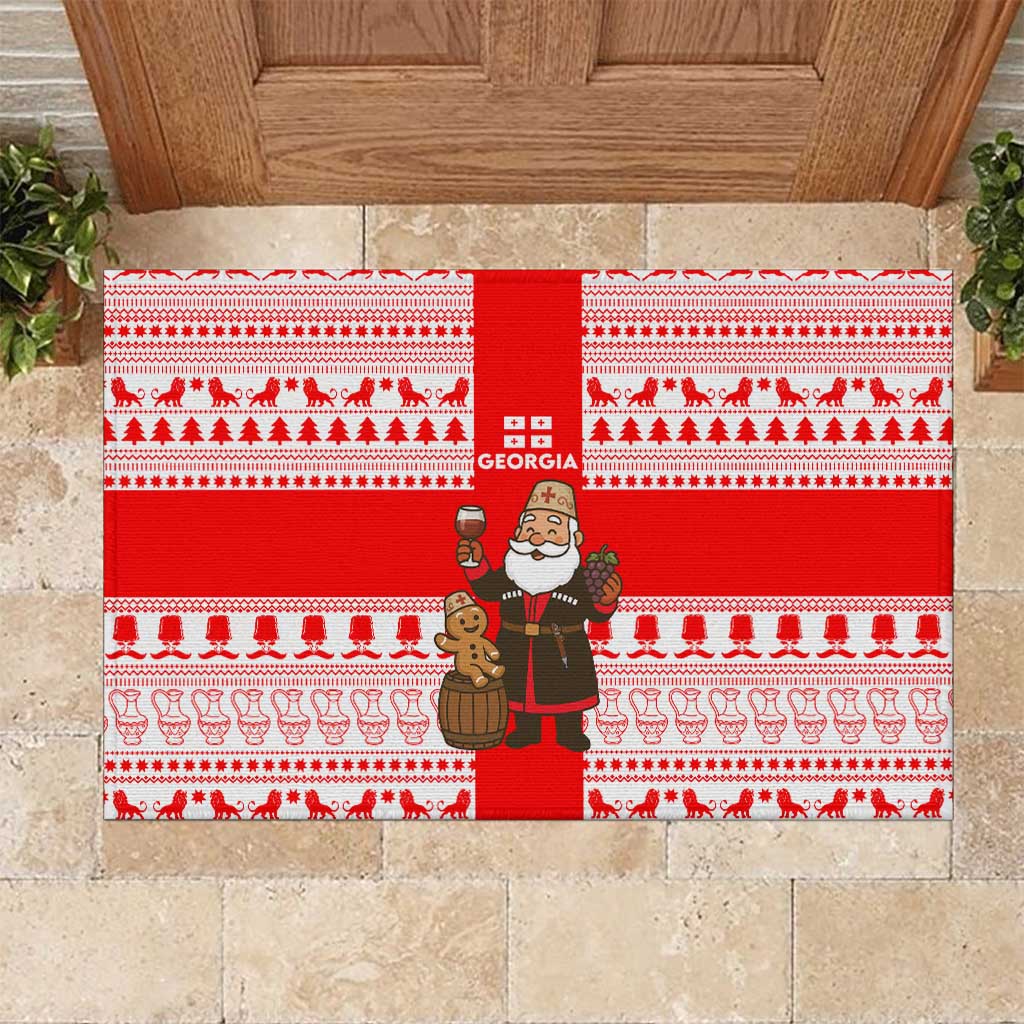 Georgia Christmas Rubber Doormat with Santa in Chokha Wine Barrel Gingerbread and Coat of Arms Design - Wonder Print Shop