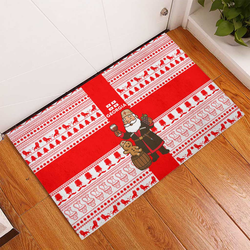 Georgia Christmas Rubber Doormat with Santa in Chokha Wine Barrel Gingerbread and Coat of Arms Design - Wonder Print Shop