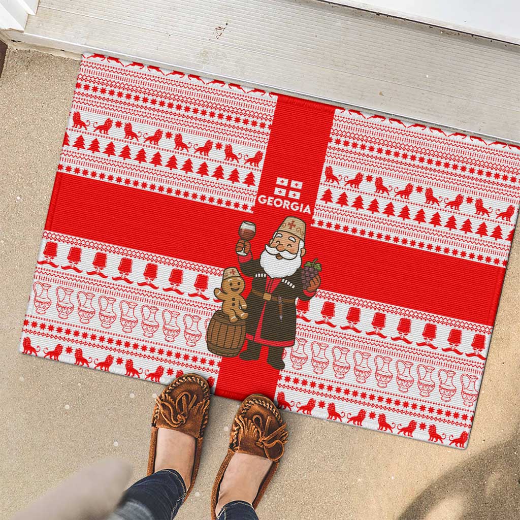 Georgia Christmas Rubber Doormat with Santa in Chokha Wine Barrel Gingerbread and Coat of Arms Design - Wonder Print Shop