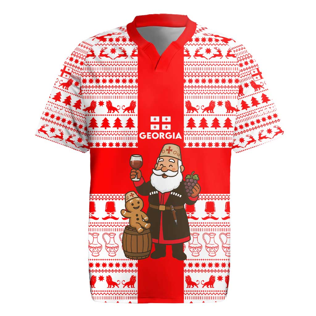 Georgia Christmas Rugby Jersey with Santa in Chokha Wine Barrel Gingerbread and Coat of Arms Design - Wonder Print Shop