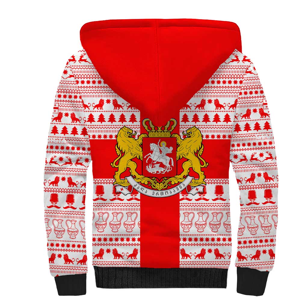 Georgia Christmas Sherpa Hoodie with Santa in Chokha Wine Barrel Gingerbread and Coat of Arms Design - Wonder Print Shop