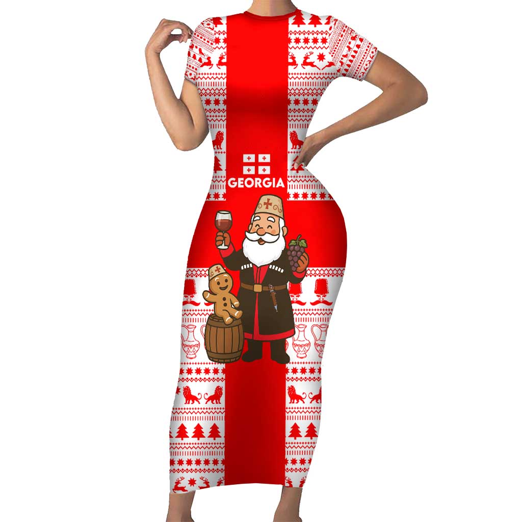 Georgia Christmas Short Sleeve Bodycon Dress with Santa in Chokha Wine Barrel Gingerbread and Coat of Arms Design - Wonder Print Shop