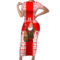 Georgia Christmas Short Sleeve Bodycon Dress with Santa in Chokha Wine Barrel Gingerbread and Coat of Arms Design - Wonder Print Shop