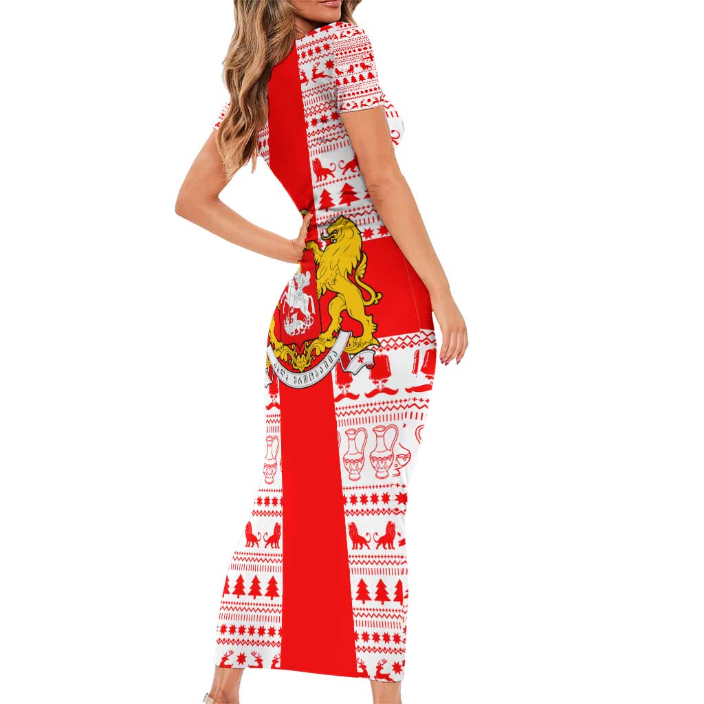 Georgia Christmas Short Sleeve Bodycon Dress with Santa in Chokha Wine Barrel Gingerbread and Coat of Arms Design - Wonder Print Shop