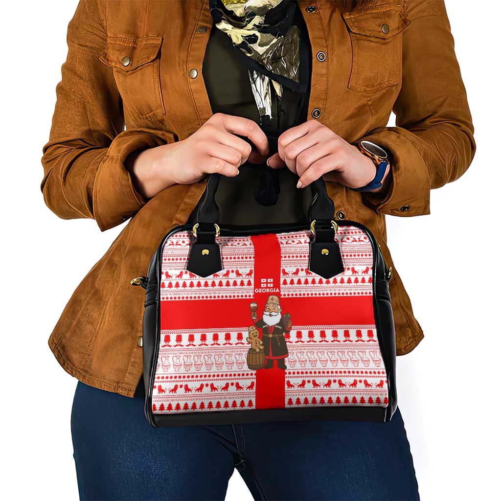 Georgia Christmas Shoulder Handbag with Santa in Chokha Wine Barrel Gingerbread and Coat of Arms Design - Wonder Print Shop