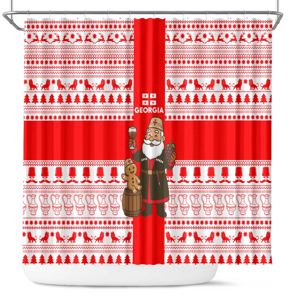 Georgia Christmas Shower Curtain with Santa in Chokha Wine Barrel Gingerbread and Coat of Arms Design - Wonder Print Shop