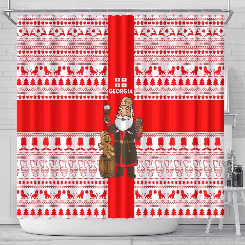 Georgia Christmas Shower Curtain with Santa in Chokha Wine Barrel Gingerbread and Coat of Arms Design - Wonder Print Shop