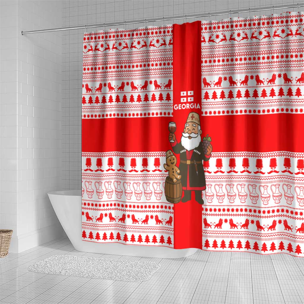 Georgia Christmas Shower Curtain with Santa in Chokha Wine Barrel Gingerbread and Coat of Arms Design - Wonder Print Shop