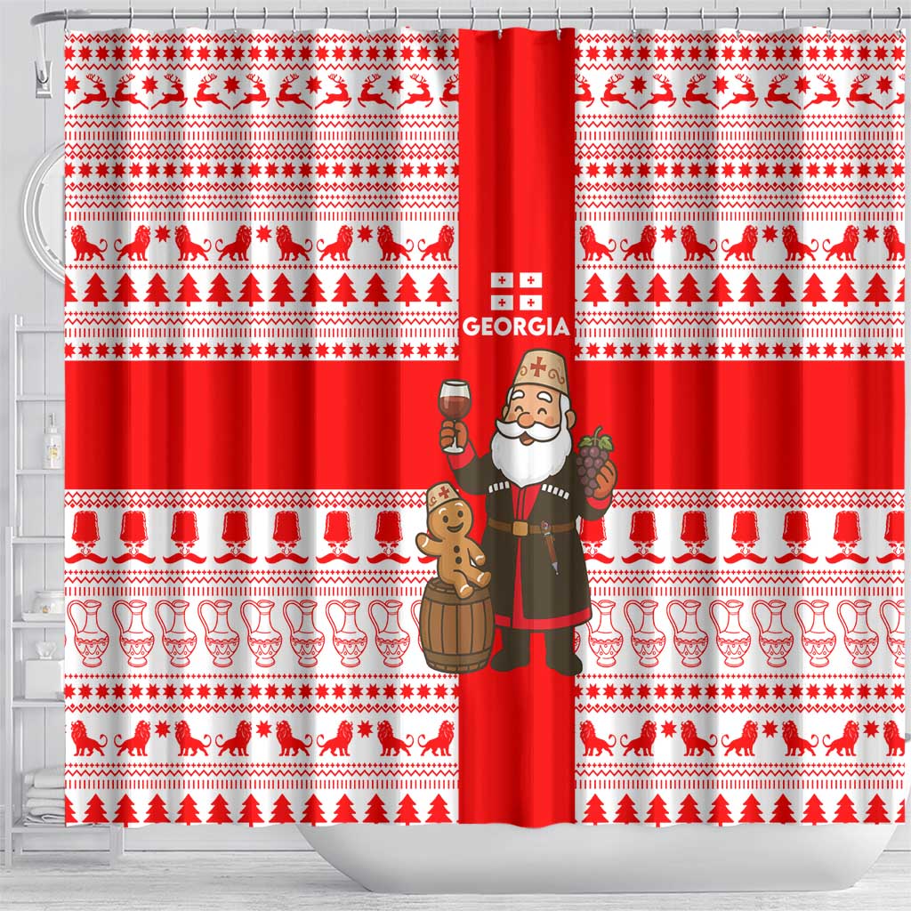 Georgia Christmas Shower Curtain with Santa in Chokha Wine Barrel Gingerbread and Coat of Arms Design - Wonder Print Shop