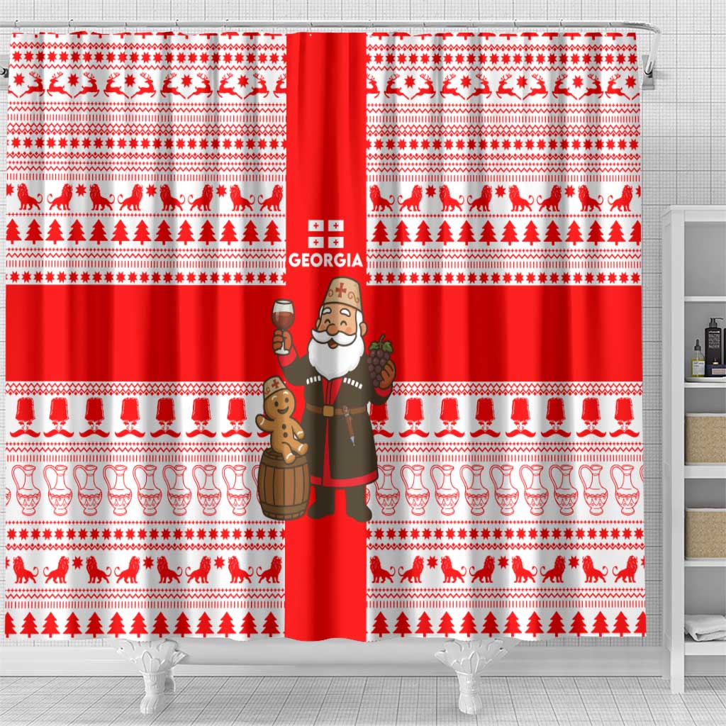 Georgia Christmas Shower Curtain with Santa in Chokha Wine Barrel Gingerbread and Coat of Arms Design - Wonder Print Shop