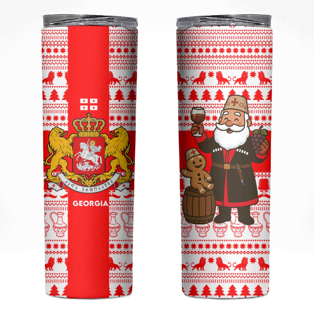 Georgia Christmas Skinny Tumbler with Santa in Chokha Wine Barrel Gingerbread and Coat of Arms Design - Wonder Print Shop