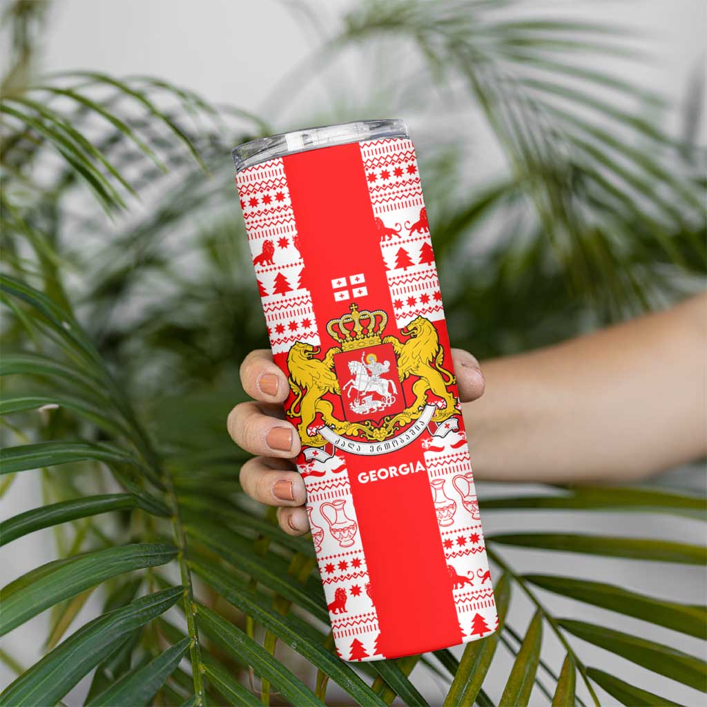 Georgia Christmas Skinny Tumbler with Santa in Chokha Wine Barrel Gingerbread and Coat of Arms Design - Wonder Print Shop