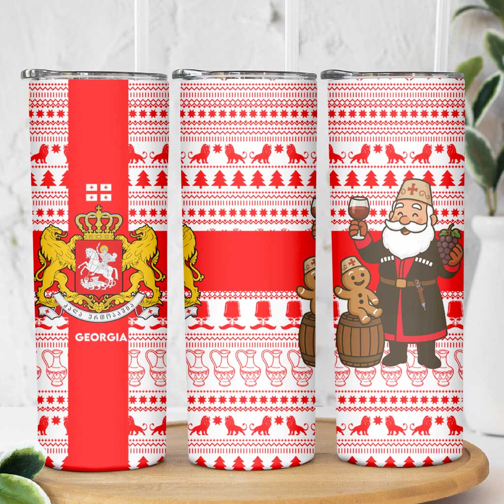 Georgia Christmas Skinny Tumbler with Santa in Chokha Wine Barrel Gingerbread and Coat of Arms Design - Wonder Print Shop