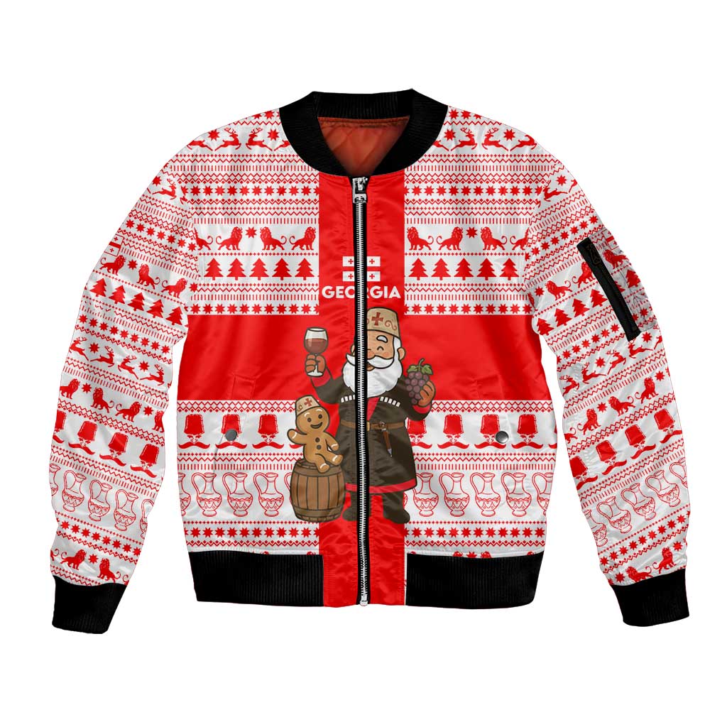 Georgia Christmas Sleeve Zip Bomber Jacket with Santa in Chokha Wine Barrel Gingerbread and Coat of Arms Design - Wonder Print Shop