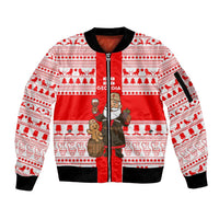 Georgia Christmas Sleeve Zip Bomber Jacket with Santa in Chokha Wine Barrel Gingerbread and Coat of Arms Design - Wonder Print Shop