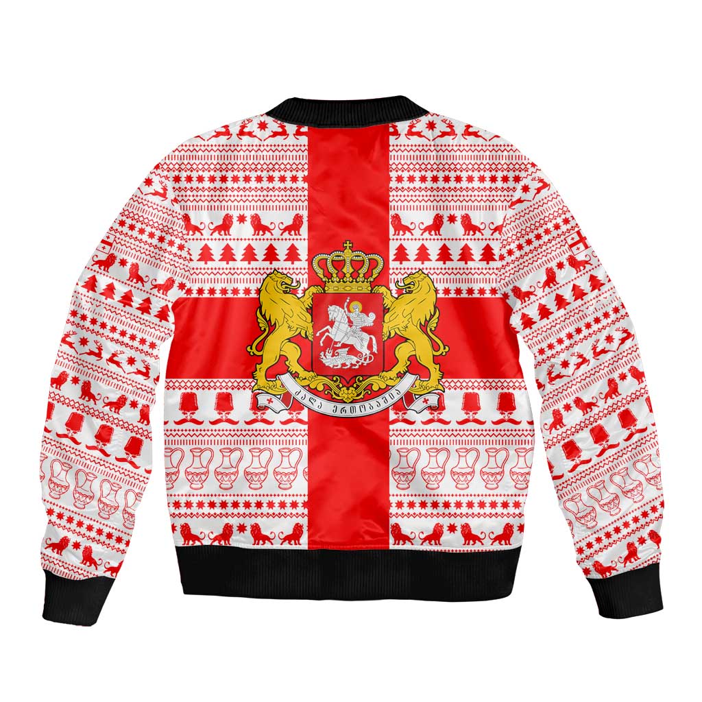 Georgia Christmas Sleeve Zip Bomber Jacket with Santa in Chokha Wine Barrel Gingerbread and Coat of Arms Design - Wonder Print Shop