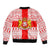 Georgia Christmas Sleeve Zip Bomber Jacket with Santa in Chokha Wine Barrel Gingerbread and Coat of Arms Design - Wonder Print Shop