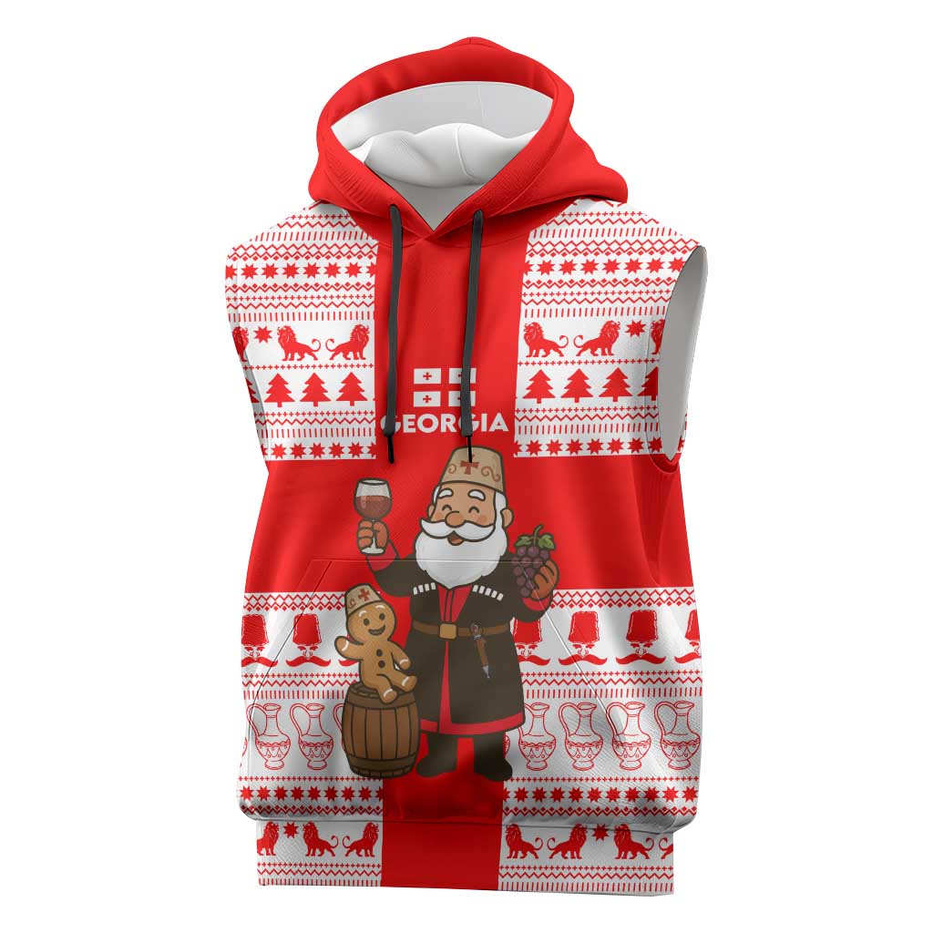 Georgia Christmas Sleeveless Hoodie with Santa in Chokha Wine Barrel Gingerbread and Coat of Arms Design - Wonder Print Shop