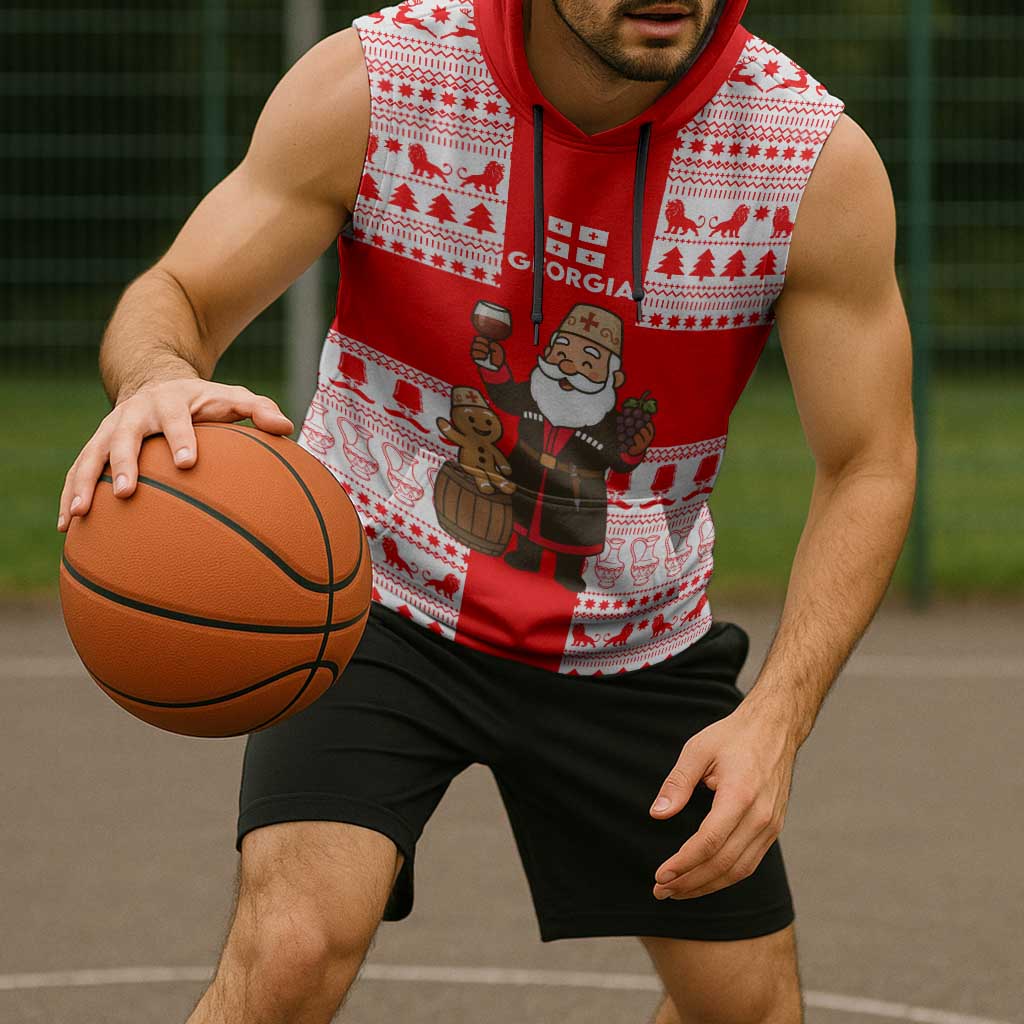 Georgia Christmas Sleeveless Hoodie with Santa in Chokha Wine Barrel Gingerbread and Coat of Arms Design - Wonder Print Shop