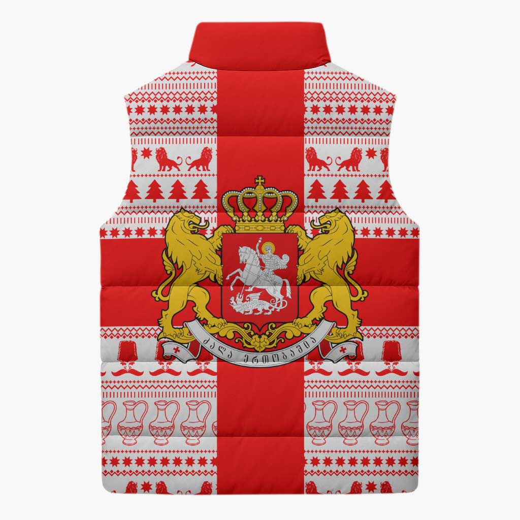 Georgia Christmas Sleeveless Puffer Jacket with Santa in Chokha Wine Barrel Gingerbread and Coat of Arms Design - Wonder Print Shop